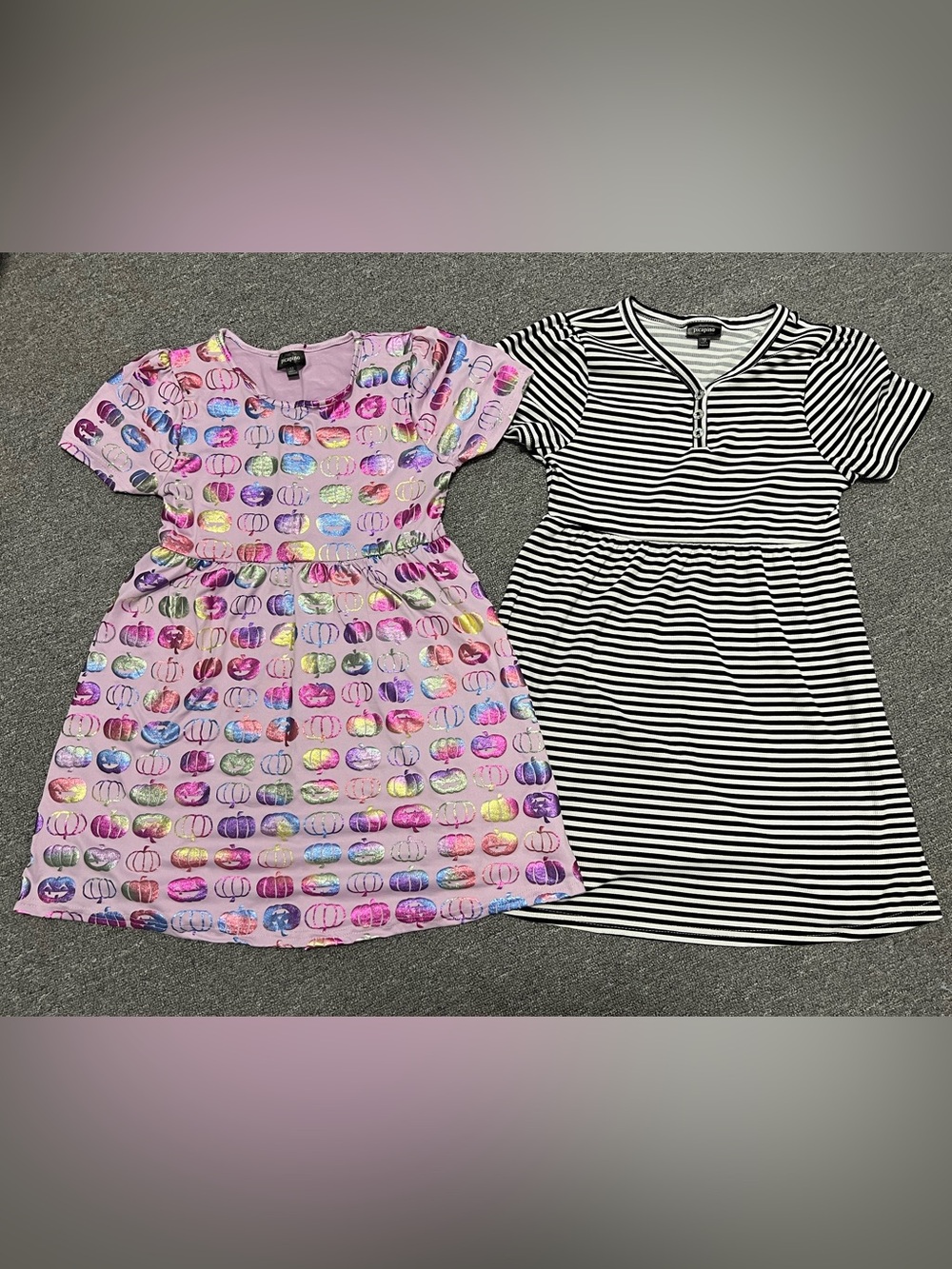 Lavender Halloween Pumpkin Print and Black-white striped dress 2pc Pack 12T
